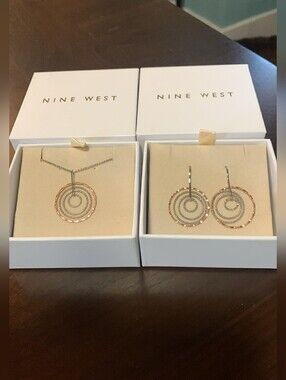 Nine West Rose Gold & Silver Concentric Circle Necklace and Earrings Set